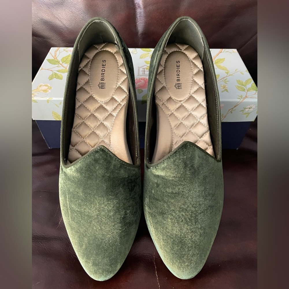 Birdies The Heron slip ons in Olive Velvet